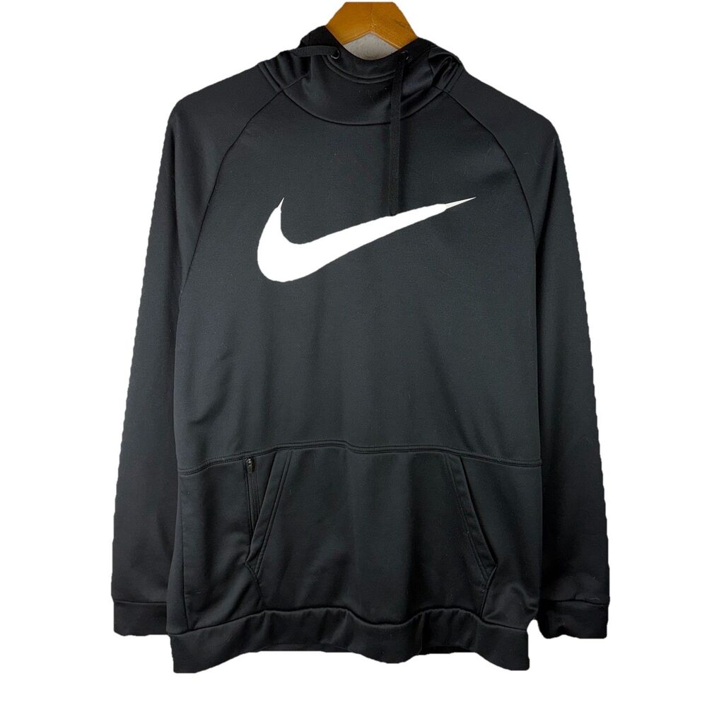 Nike Therma-FIT Hoodie Mens L Black Pullover Swoosh Logo Athletic Sweatshirt